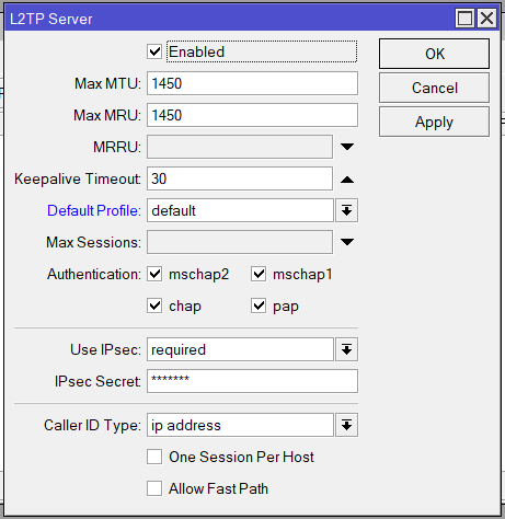 Basic L2TP/IPsec server configuration on a MikroTik device. – Netpro.lv